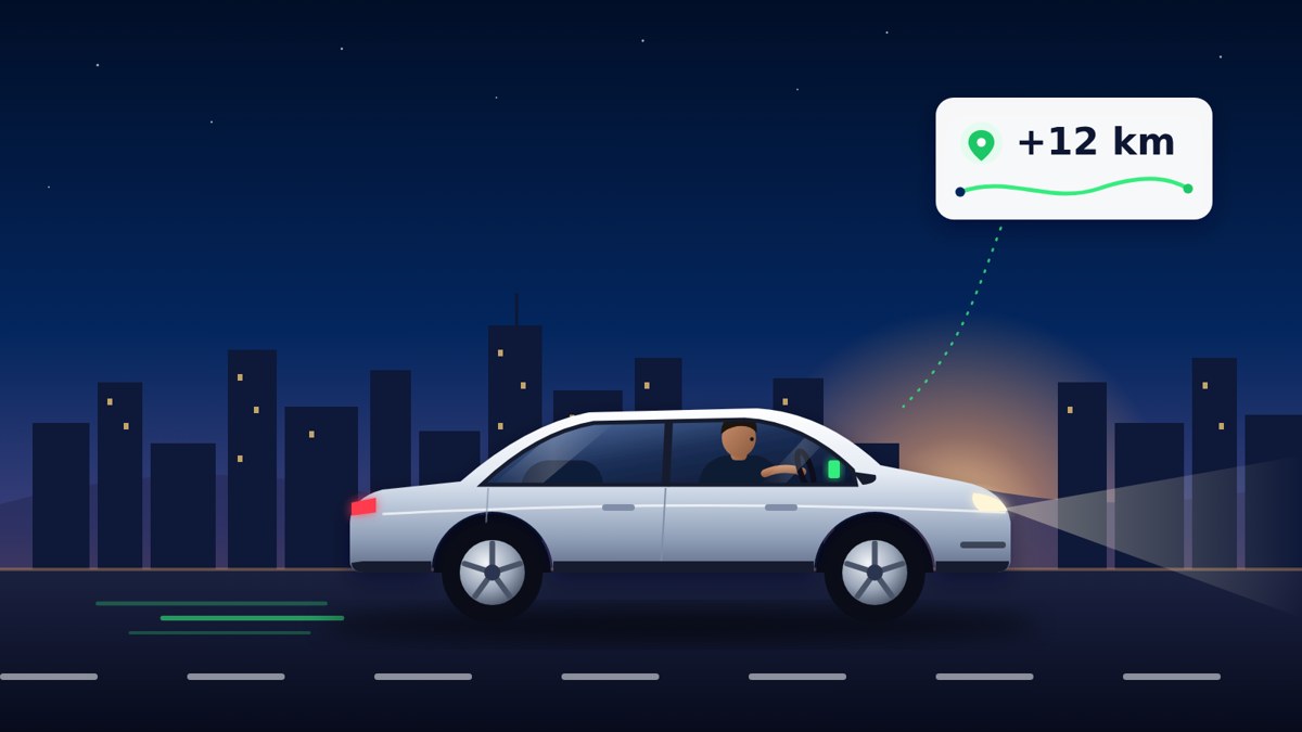 Illustration: a driver at the wheel of a white sedan drives through the city at night while KiloTax records a 12 km trip